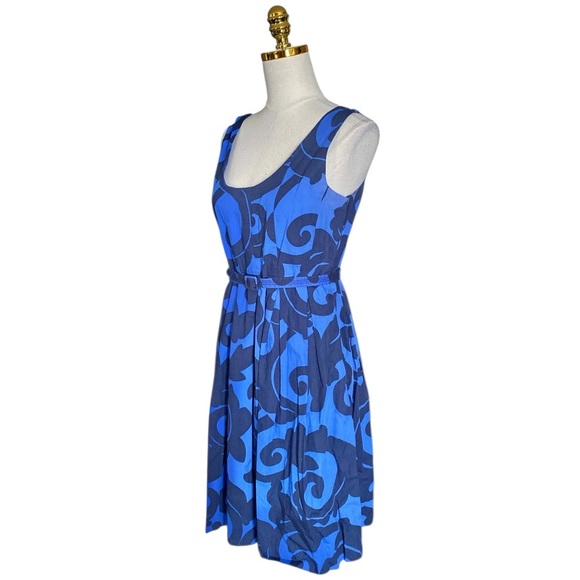 J.Crew Women’s Belted Fit & Flare Blue Artsy Sleeveless Cotton Dress Size 12 - Picture 3 of 7